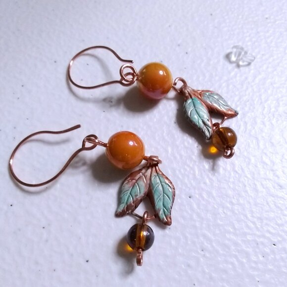 Artisan Jewelry - Handmade Copper Leaf Earrings ~ Patina Painted Fall Jewelry with Beaded Accents